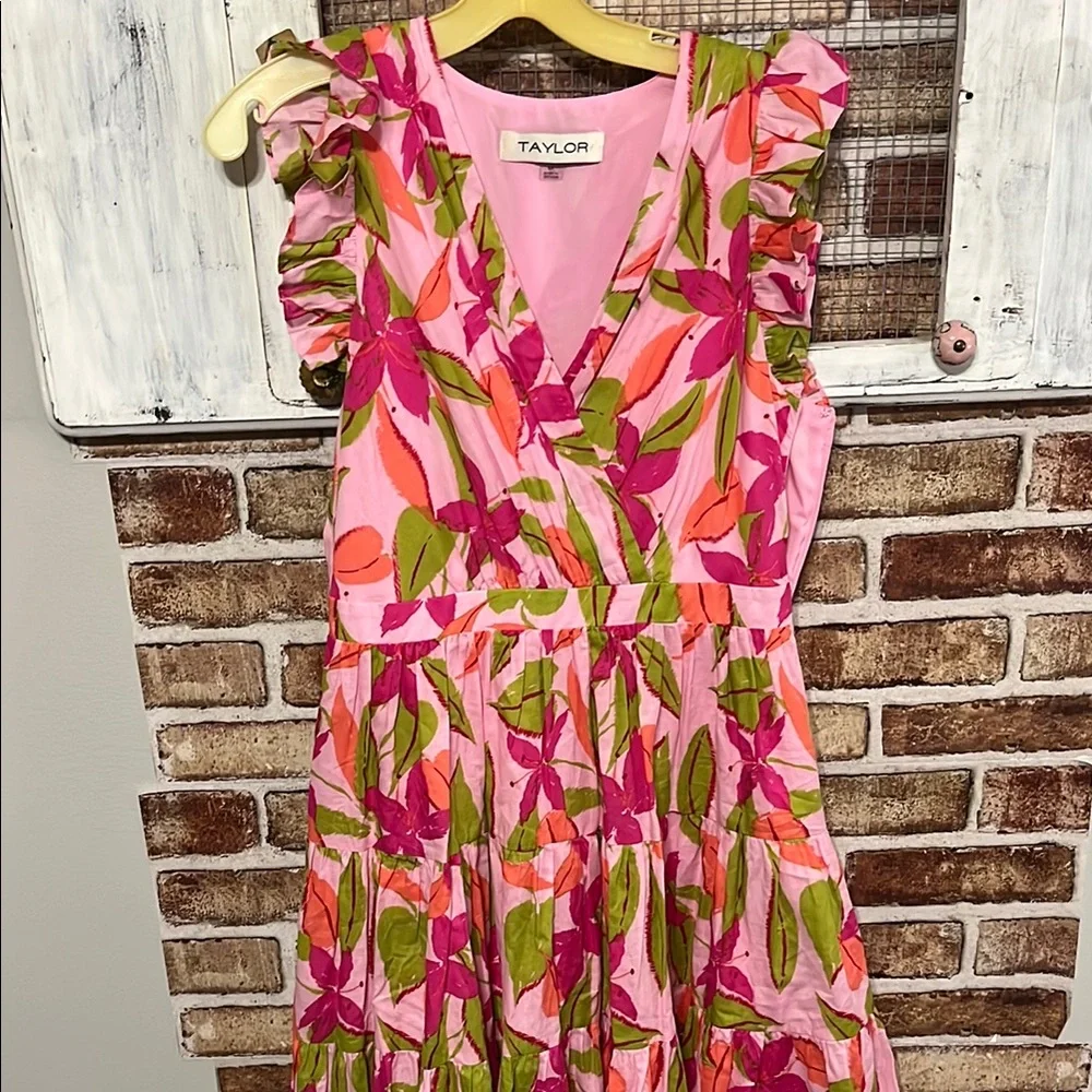 Taylor Vibrant Pink and Green Floral Dress - Picture 1 of 4